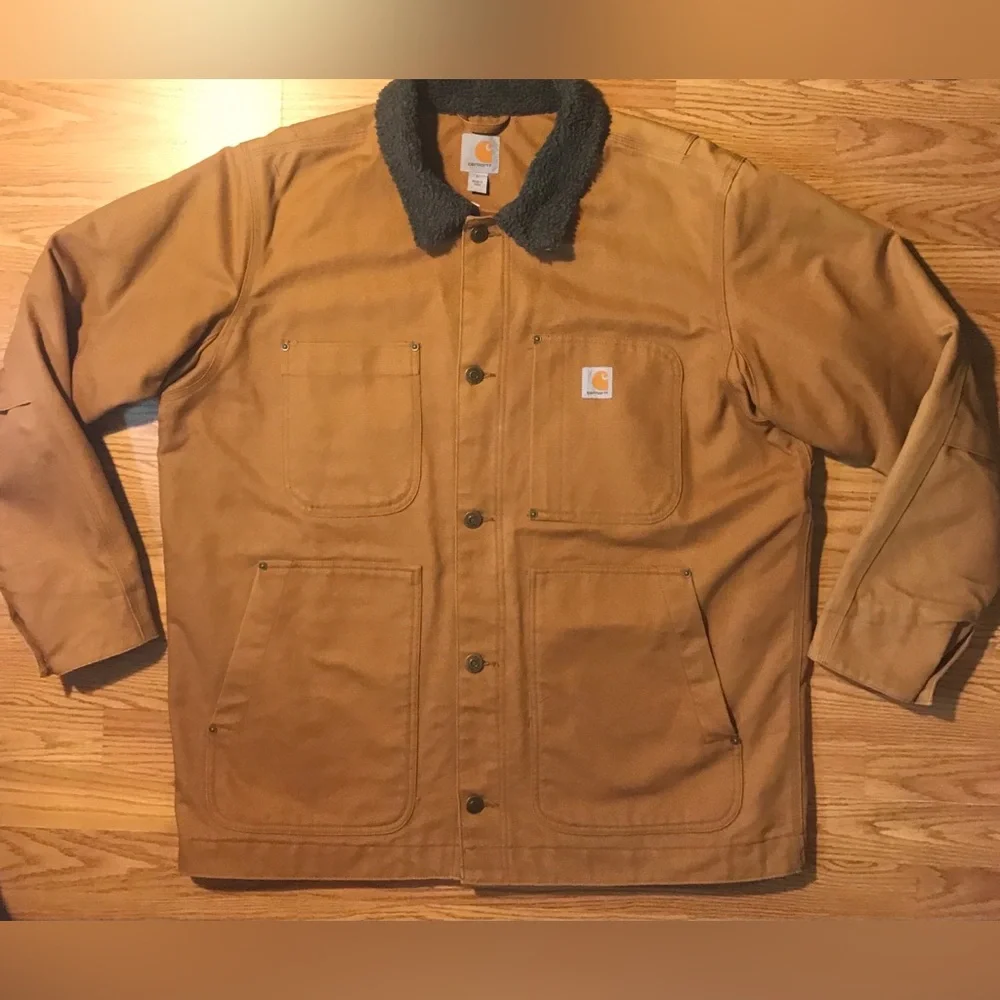 Carhartt Sherpa Lined Full Swing Jacket Mens L Button Up Light Beige Tan Canvas - Picture 12 of 12